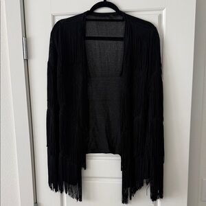 Fringe Open-Front Black Sweater